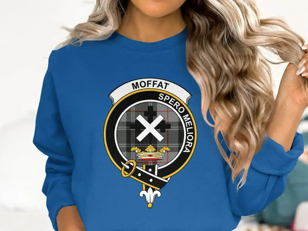 Clan Moffat sweatshirt in royal blue — clan crest print, Spero Meliora on chest