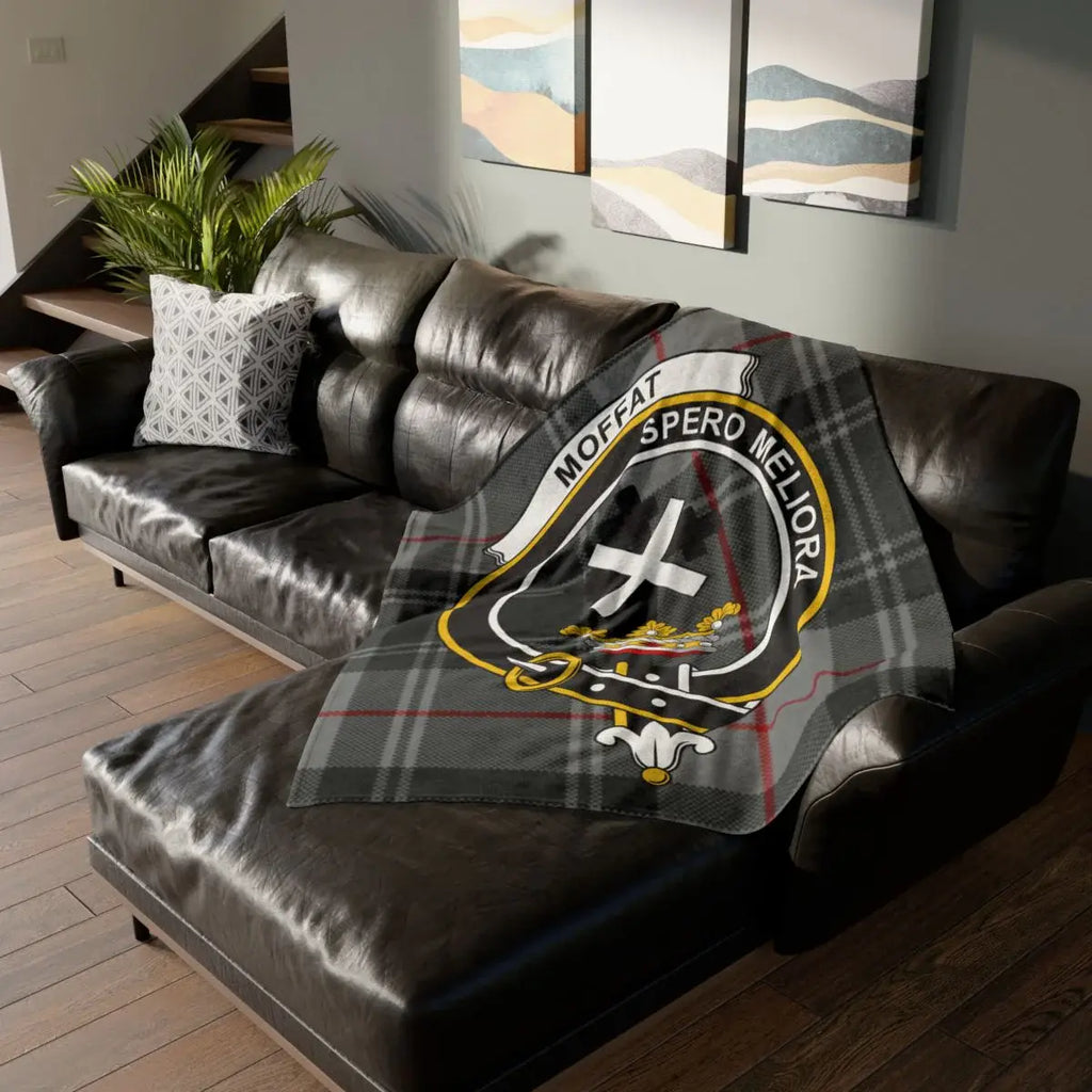 Clan Moffat tartan throw blanket — Spero Meliora crest on lightweight polyester, 50" x 60"