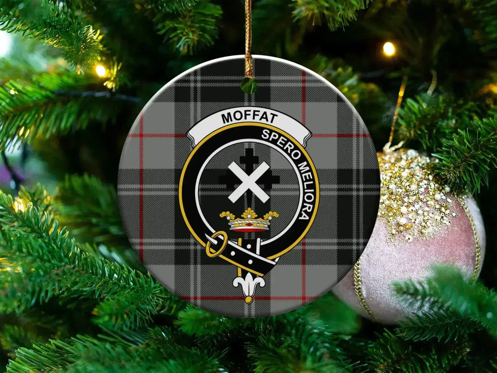 Clan Moffat tartan ceramic ornament — 3" round disc with Spero Meliora crest and gold hanging string