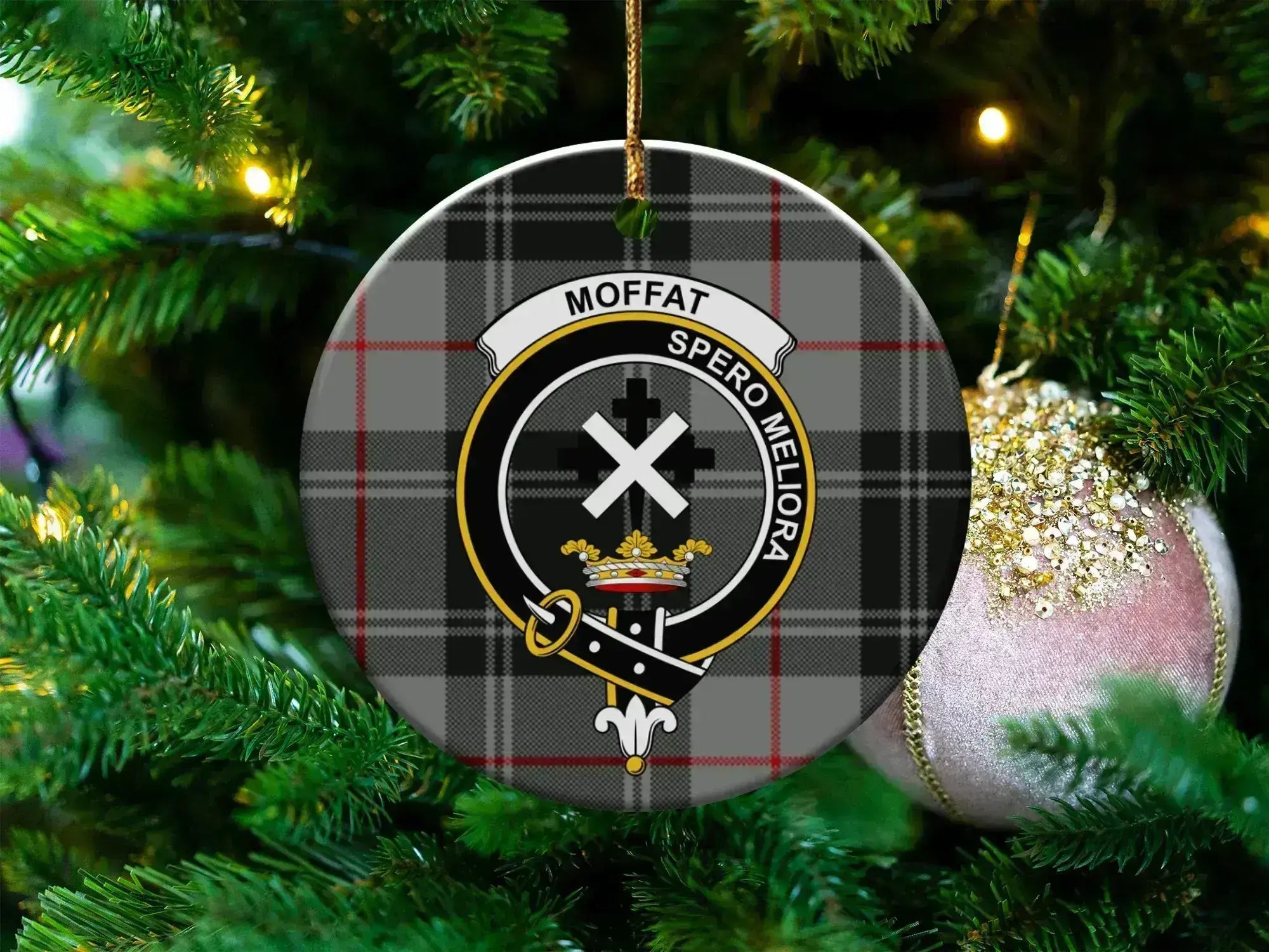 Clan Moffat tartan ceramic ornament — 3" round disc with Spero Meliora crest and gold hanging string