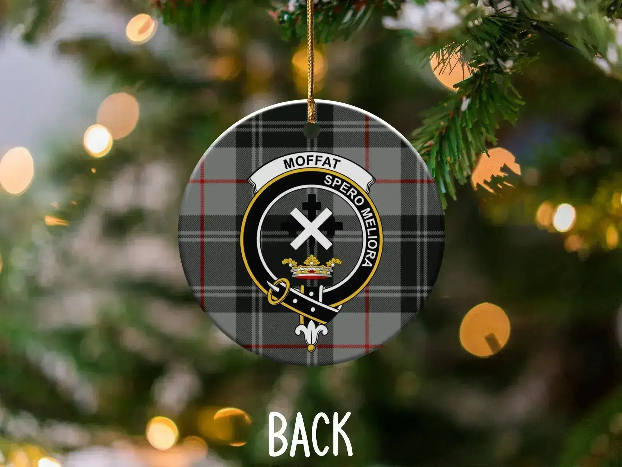 Moffat clan crest ornament reverse side — double-sided UV LED print on ceramic disc