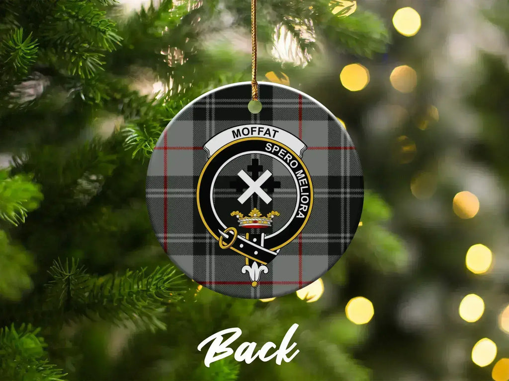 Clan Moffat Christmas tree ornament — Spero Meliora tartan crest disc with pre-drilled hole