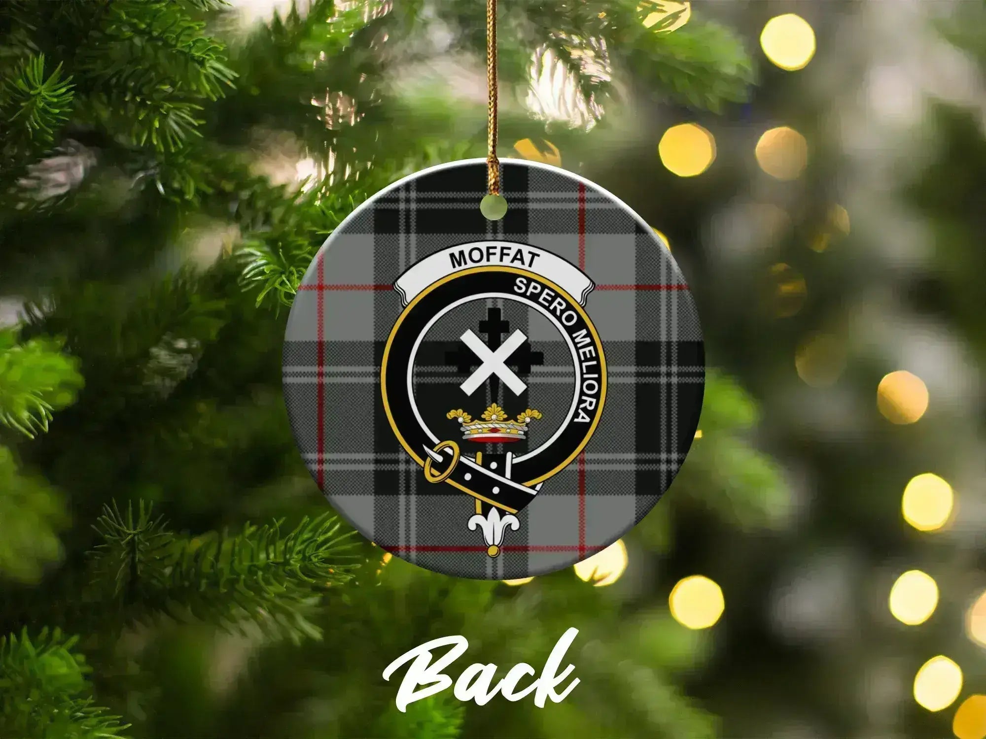 Clan Moffat Christmas tree ornament — Spero Meliora tartan crest disc with pre-drilled hole