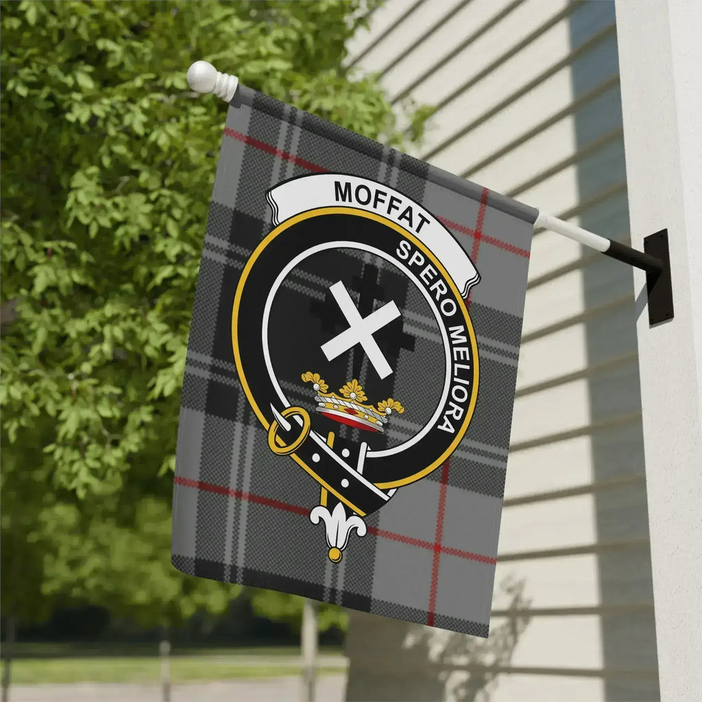 Clan Moffat tartan garden flag — 12" x 18" poly canvas with Spero Meliora crest