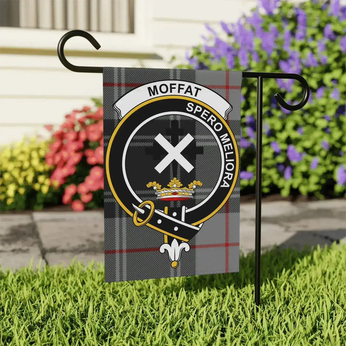 Moffat clan crest outdoor flag — 24.5" x 32" tartan garden flag on post