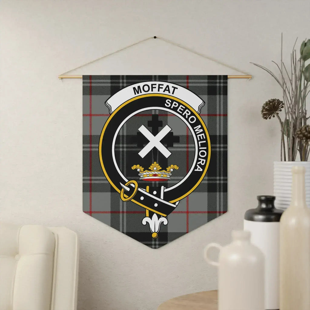 Clan Moffat tartan crest pennant — 18" x 21" polyester twill with wooden dowel, Spero Meliora design