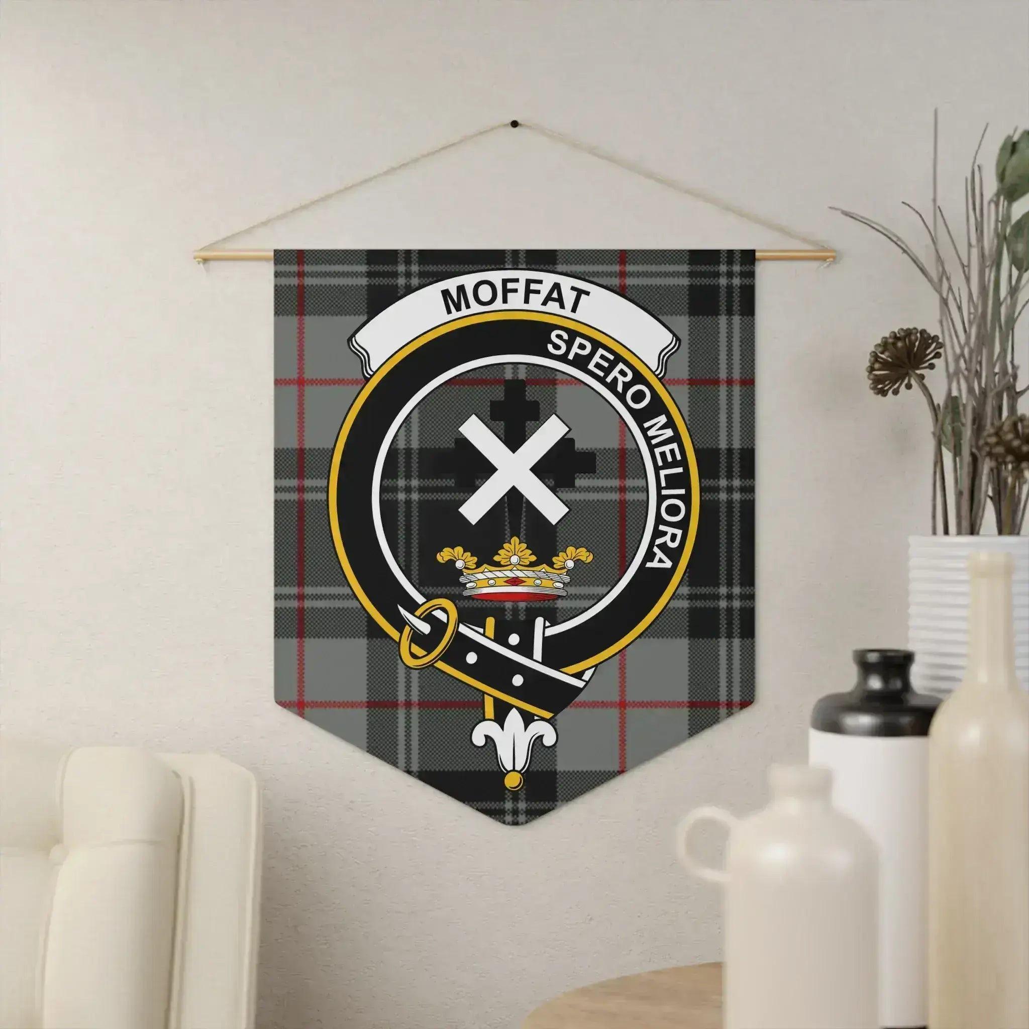 Clan Moffat tartan crest pennant — 18" x 21" polyester twill with wooden dowel, Spero Meliora design