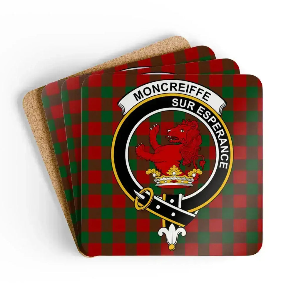 Clan Moncreiffe Sur Esperance red lion tartan cork coaster set — four 3.75-inch square glossy coasters