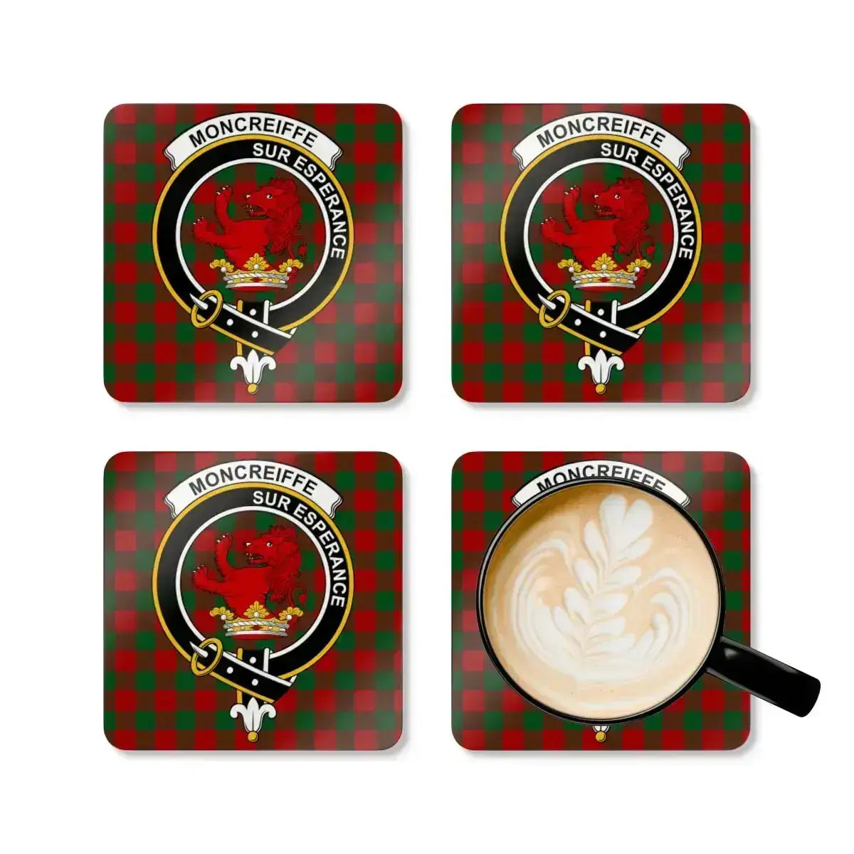 Moncreiffe clan crest coasters in use — Sur Esperance red and green tartan print with natural cork base