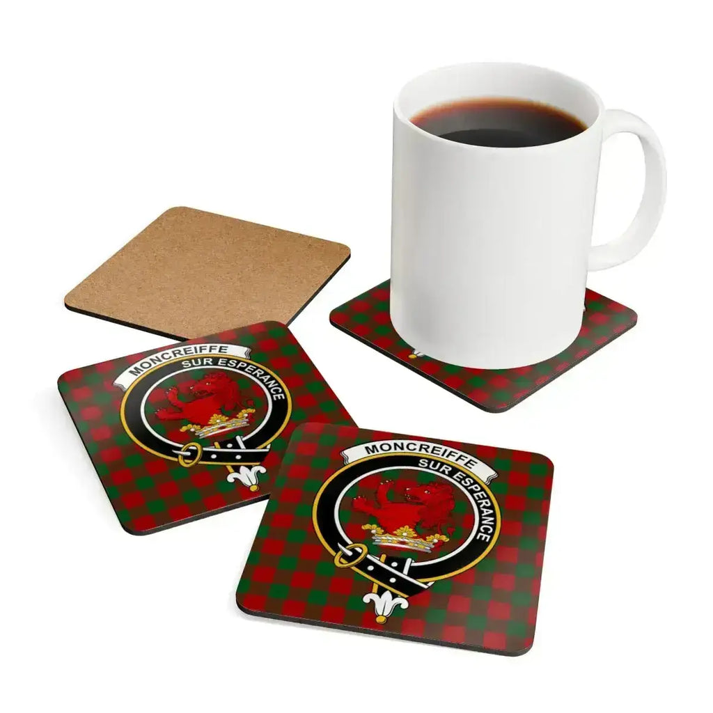 Moncreiffe Sur Esperance red lion tartan coasters displayed — clan crest on square cork coasters