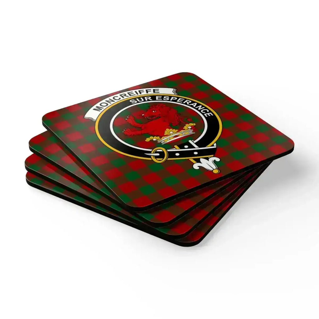 Moncreiffe clan crest coaster set displayed flat — full set of four showing red and green tartan pattern