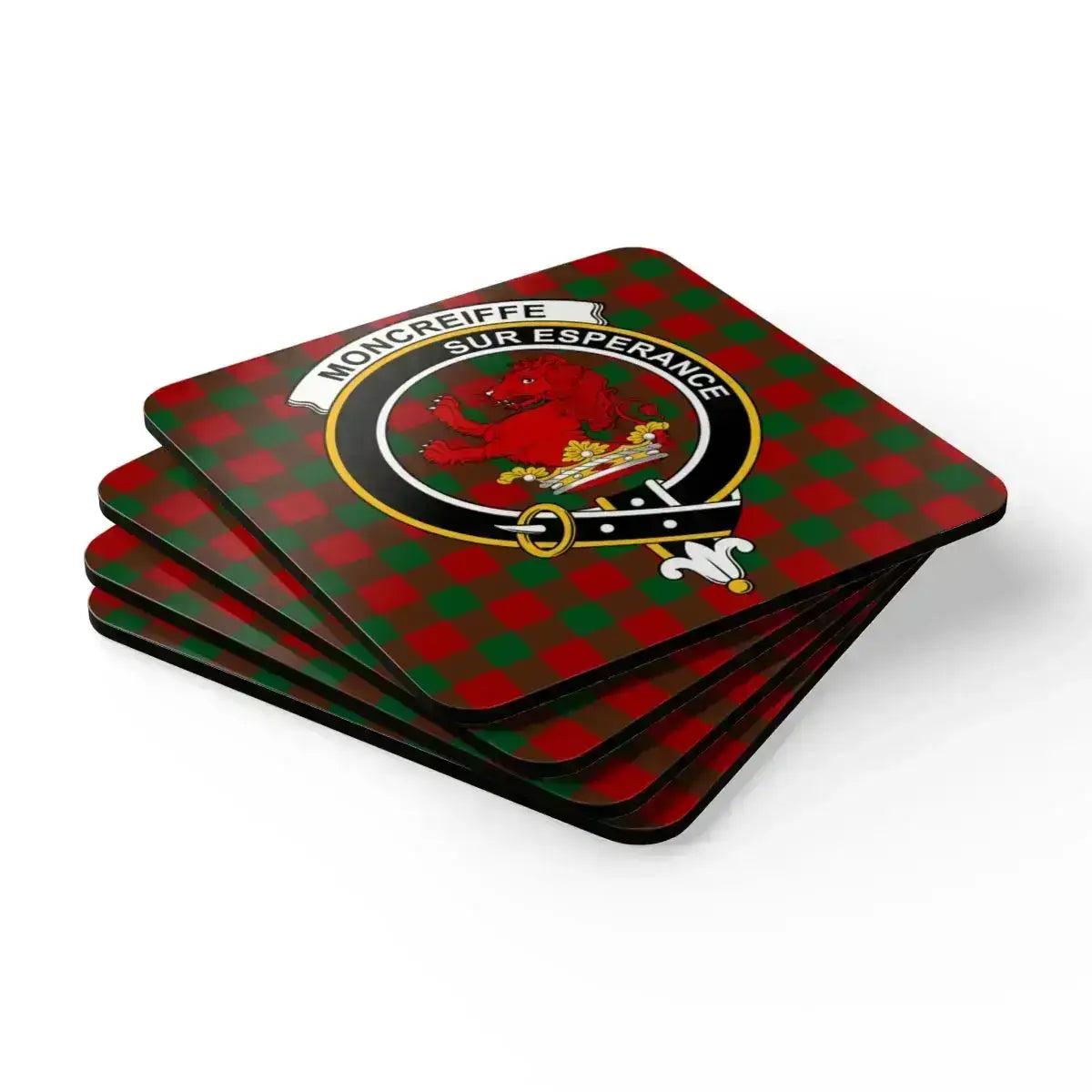 Moncreiffe clan crest coaster set displayed flat — full set of four showing red and green tartan pattern
