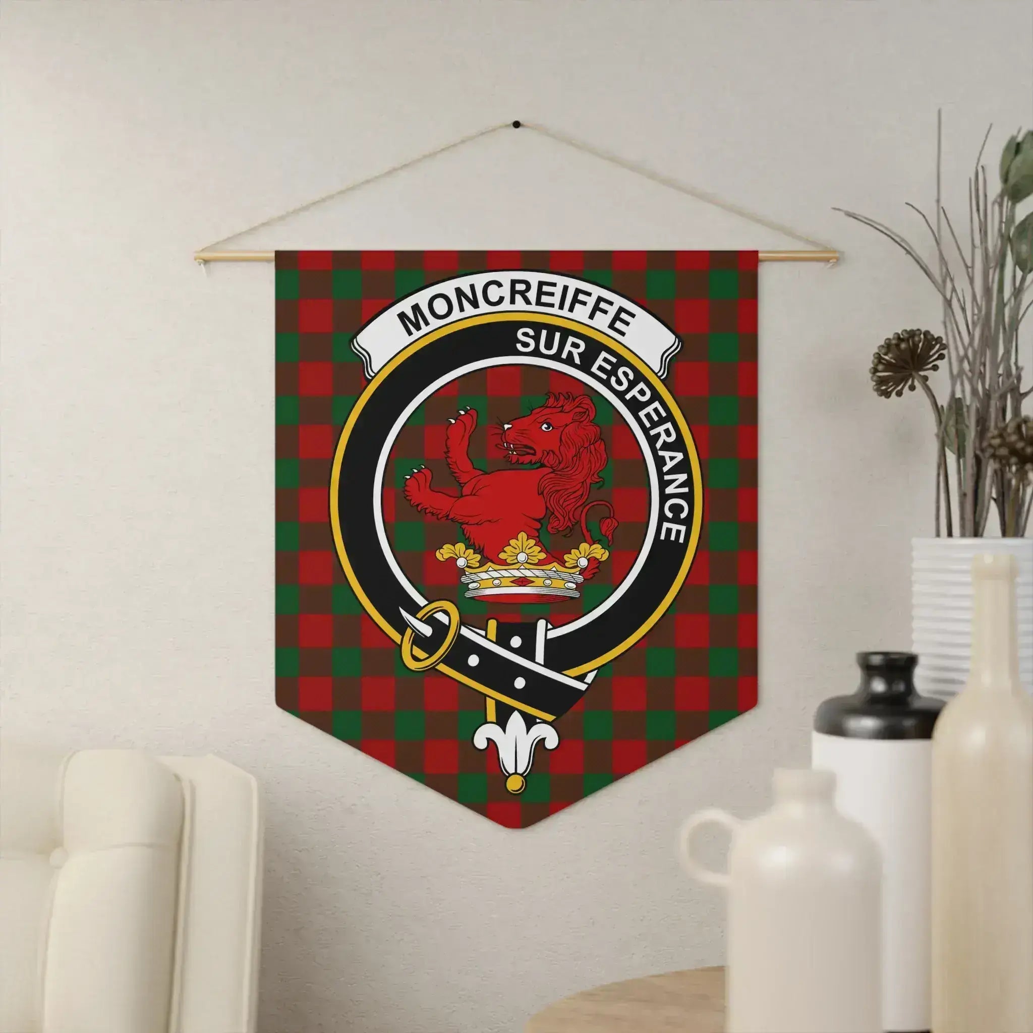 Clan Moncreiffe Sur Esperance red lion tartan pennant hung on wall — 18x21 inch polyester twill with wooden dowel