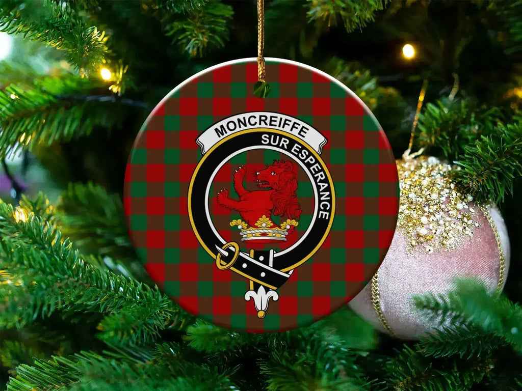 Clan Moncreiffe Sur Esperance tartan crest ceramic Christmas ornament — 3-inch round with gold hanging string