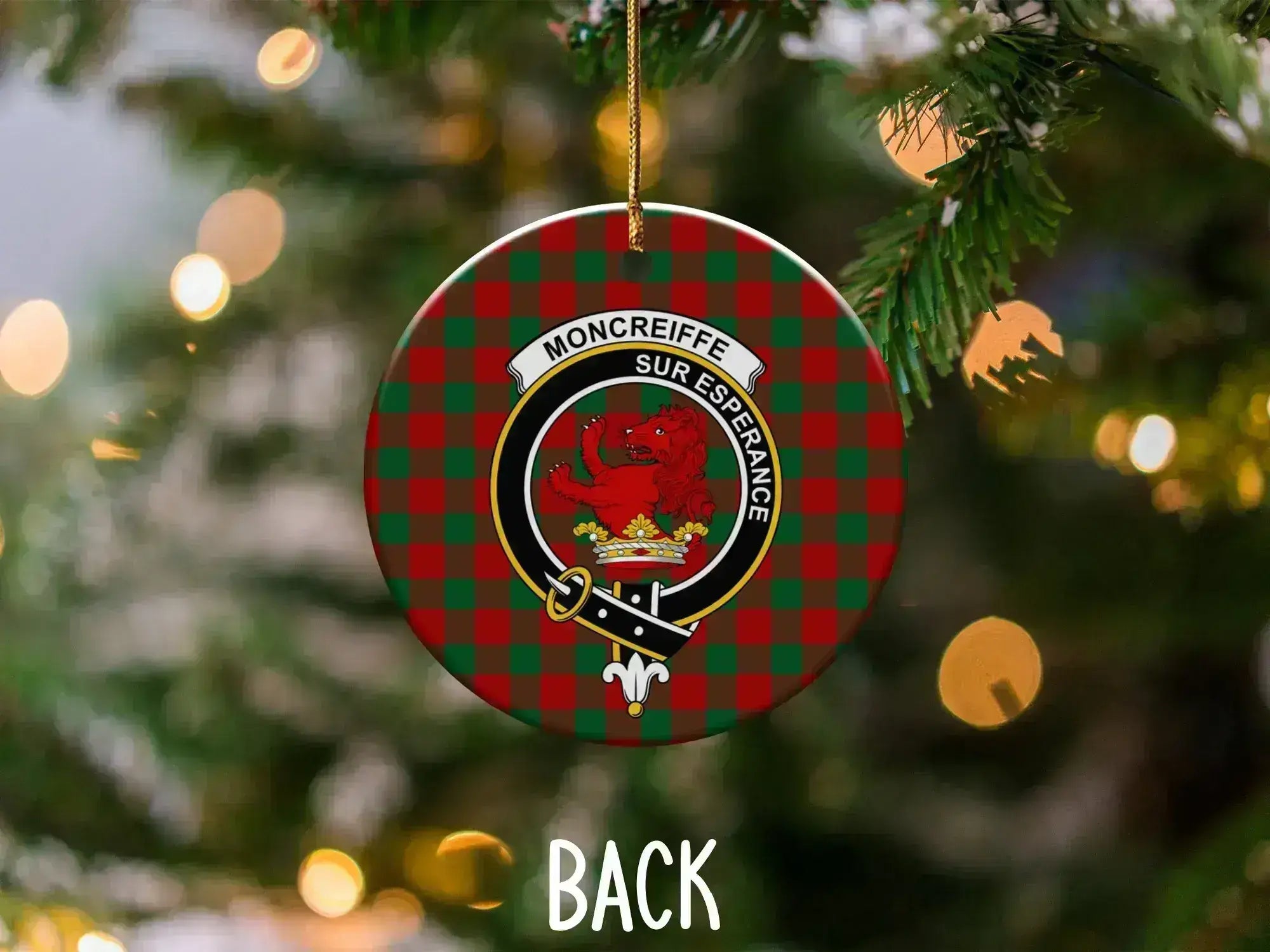 Moncreiffe clan red lion crest ornament — double-sided UV printed ceramic with tartan design