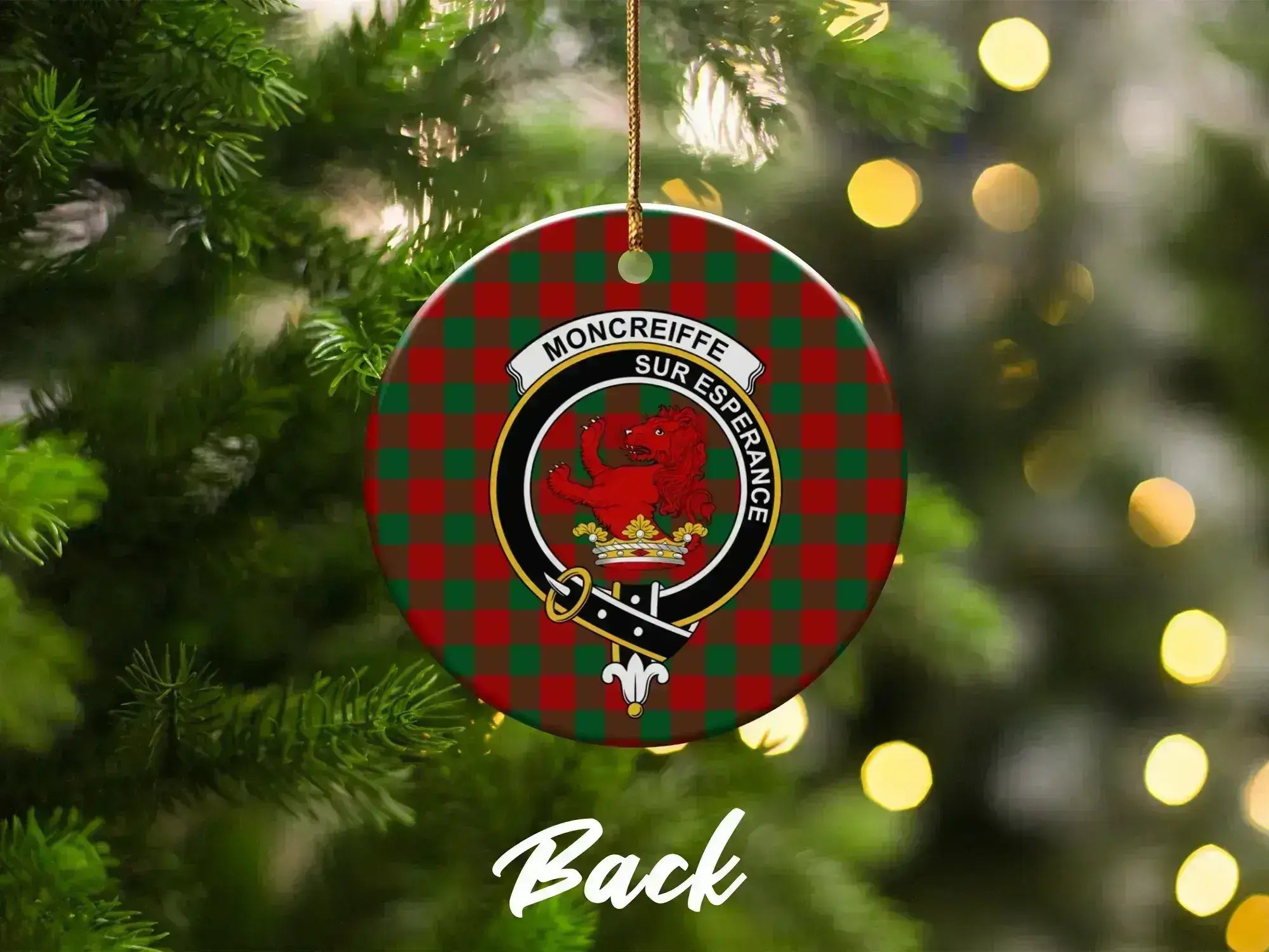 Moncreiffe Sur Esperance clan crest ornament on Christmas tree — 3-inch round ceramic holiday decoration