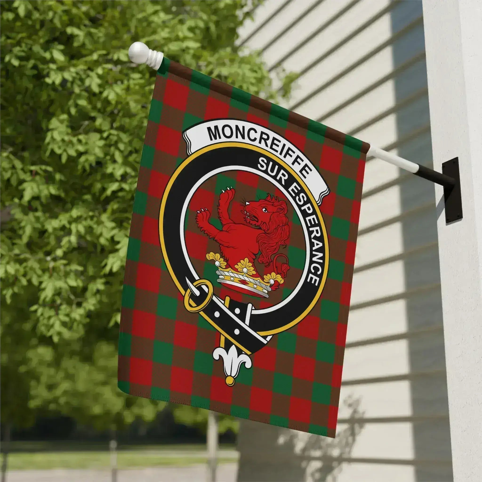 Clan Moncreiffe Sur Esperance tartan garden flag — 12x18 inch poly poplin-canvas with red lion crest