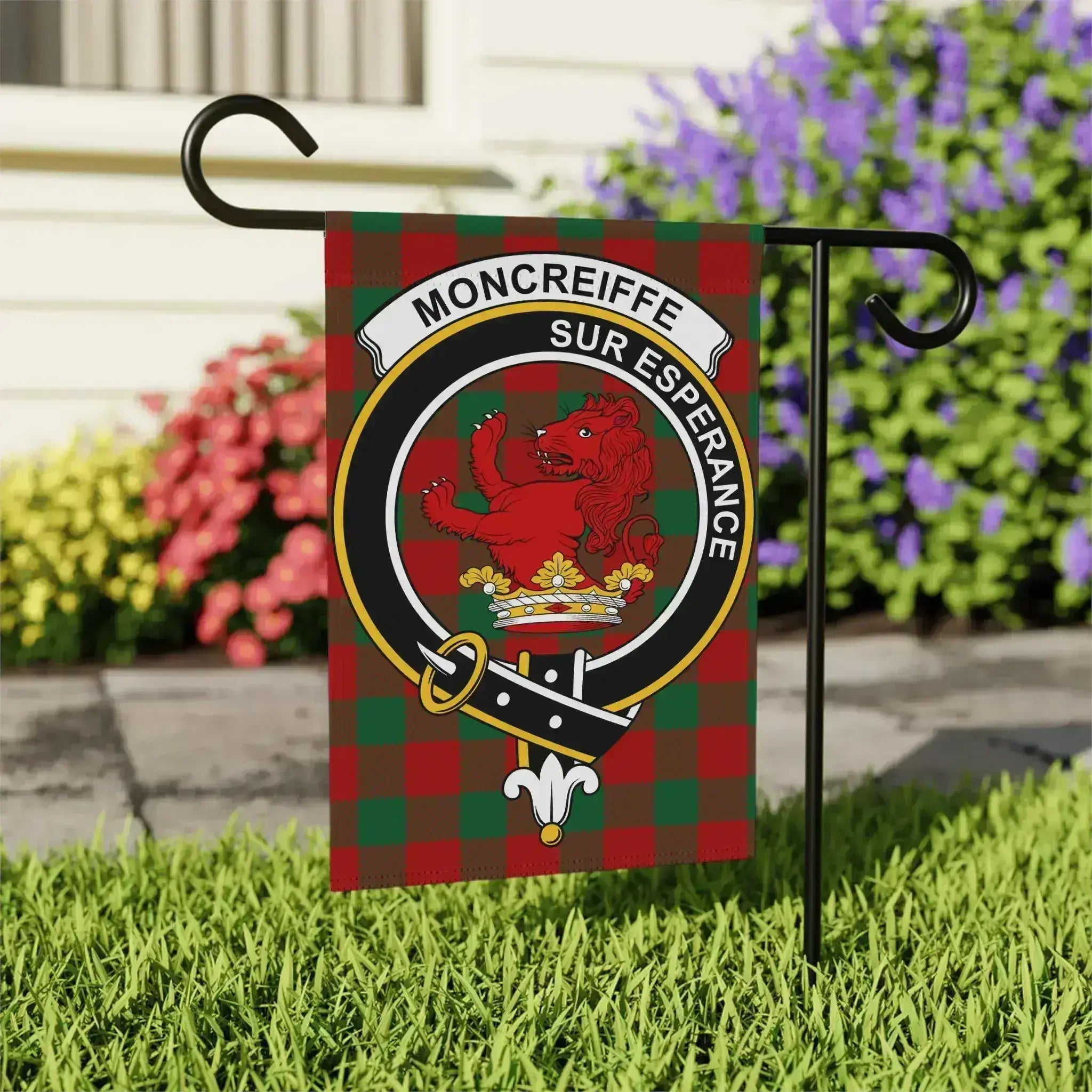 Moncreiffe clan crest garden flag on standard pole — 24.5x32 inch with red and green tartan design