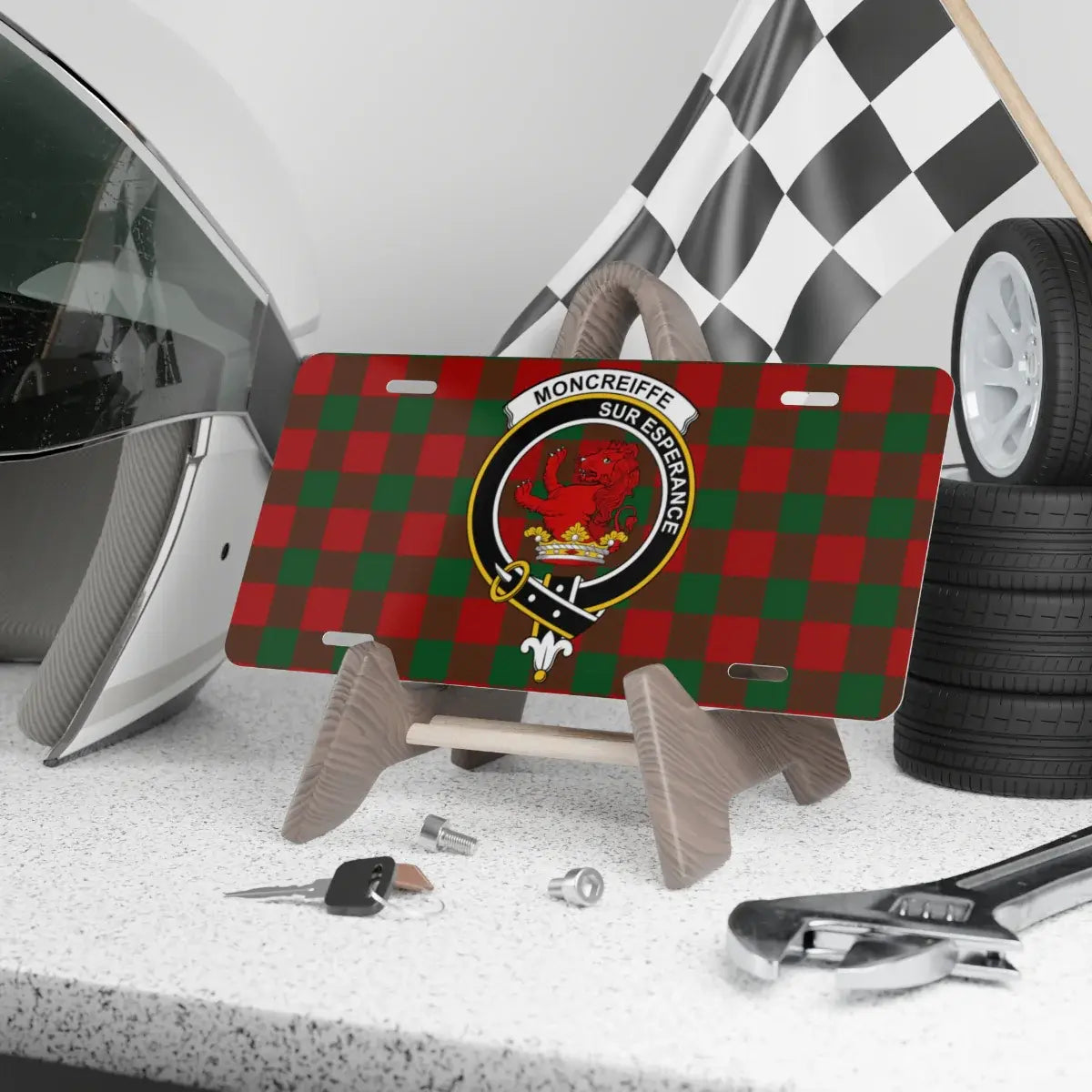 Clan Moncreiffe Sur Esperance red lion tartan novelty license plate — 12x6 inch aluminium with printed clan design