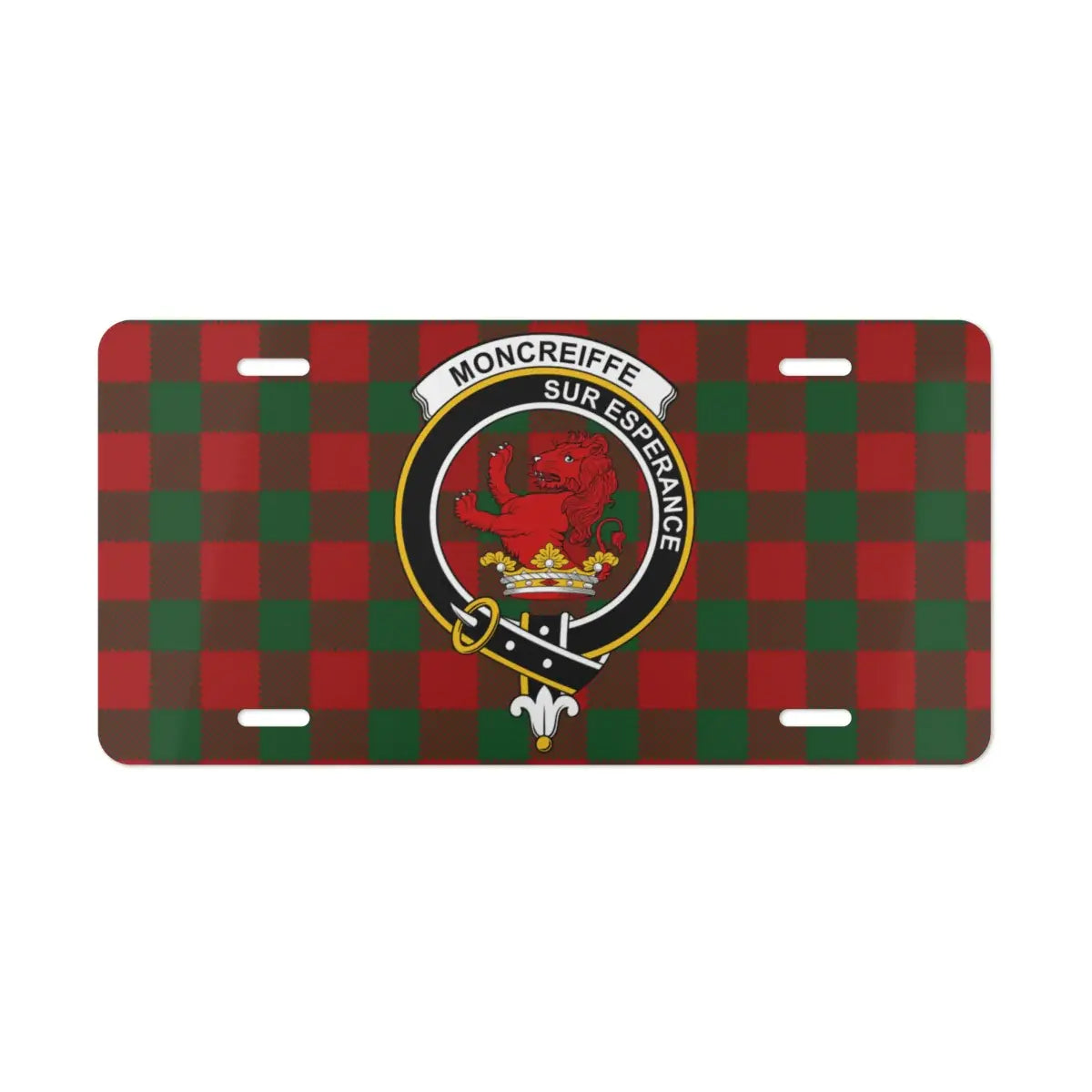 Moncreiffe clan red lion crest and red green tartan license plate front view — pre-drilled aluminium novelty plate