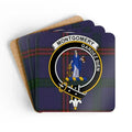 Clan Montgomery Gardez Bien tartan crest cork coaster set — four 3.75-inch square glossy coasters