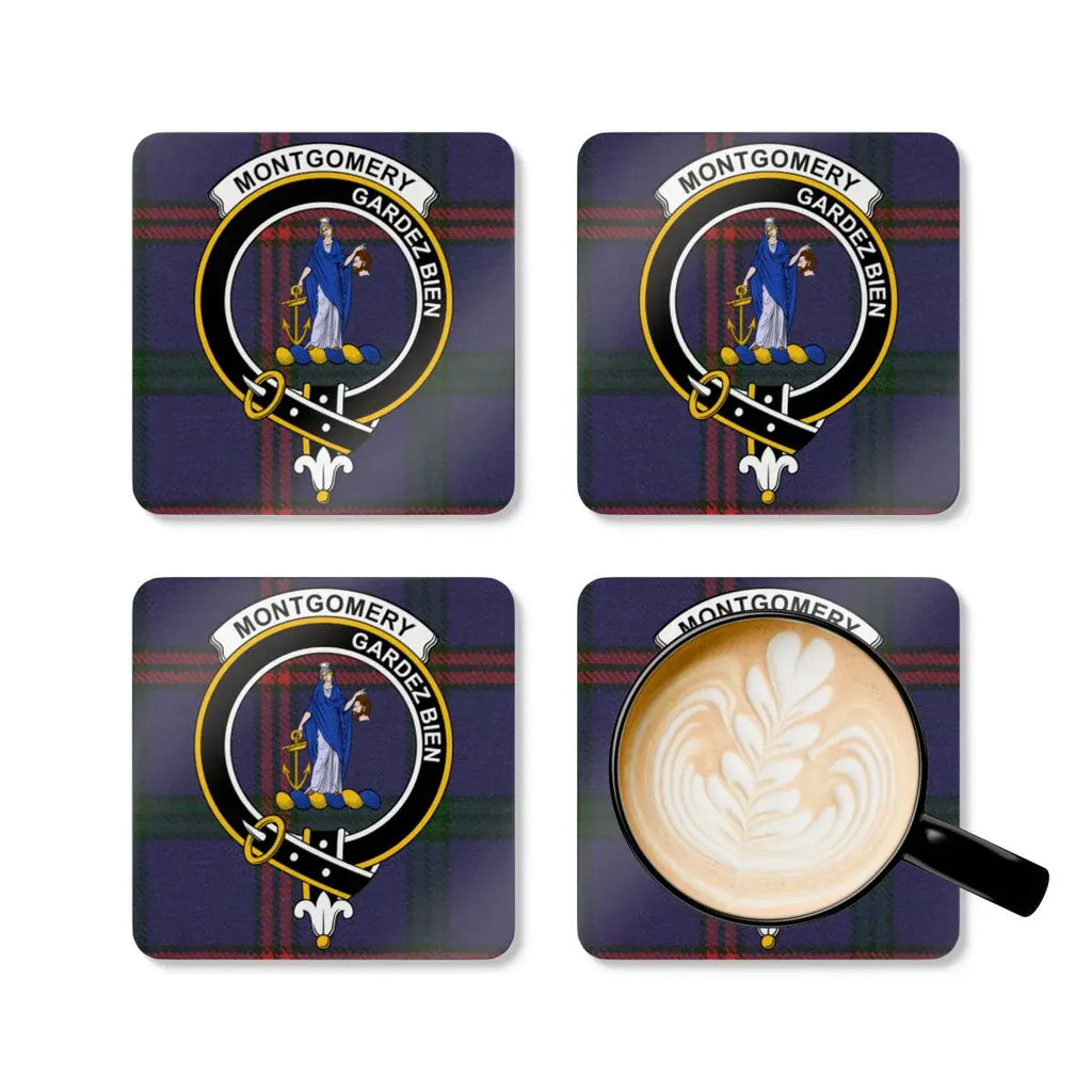 Montgomery clan crest coasters in use — Gardez Bien tartan print with natural cork base