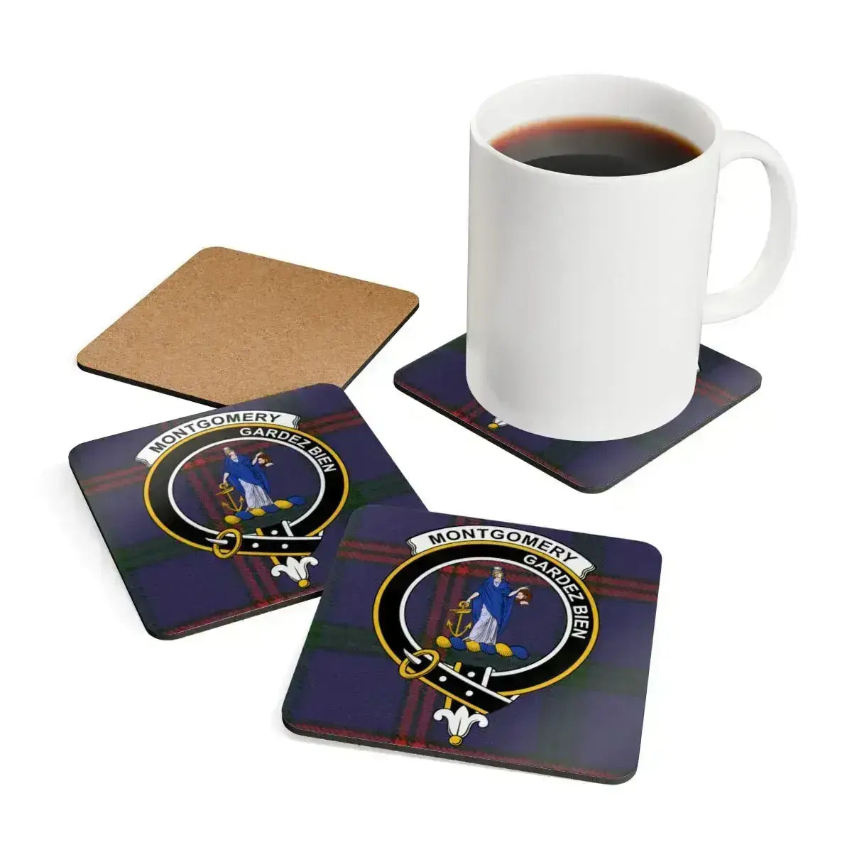 Montgomery Gardez Bien tartan coasters displayed — clan crest on square cork coasters