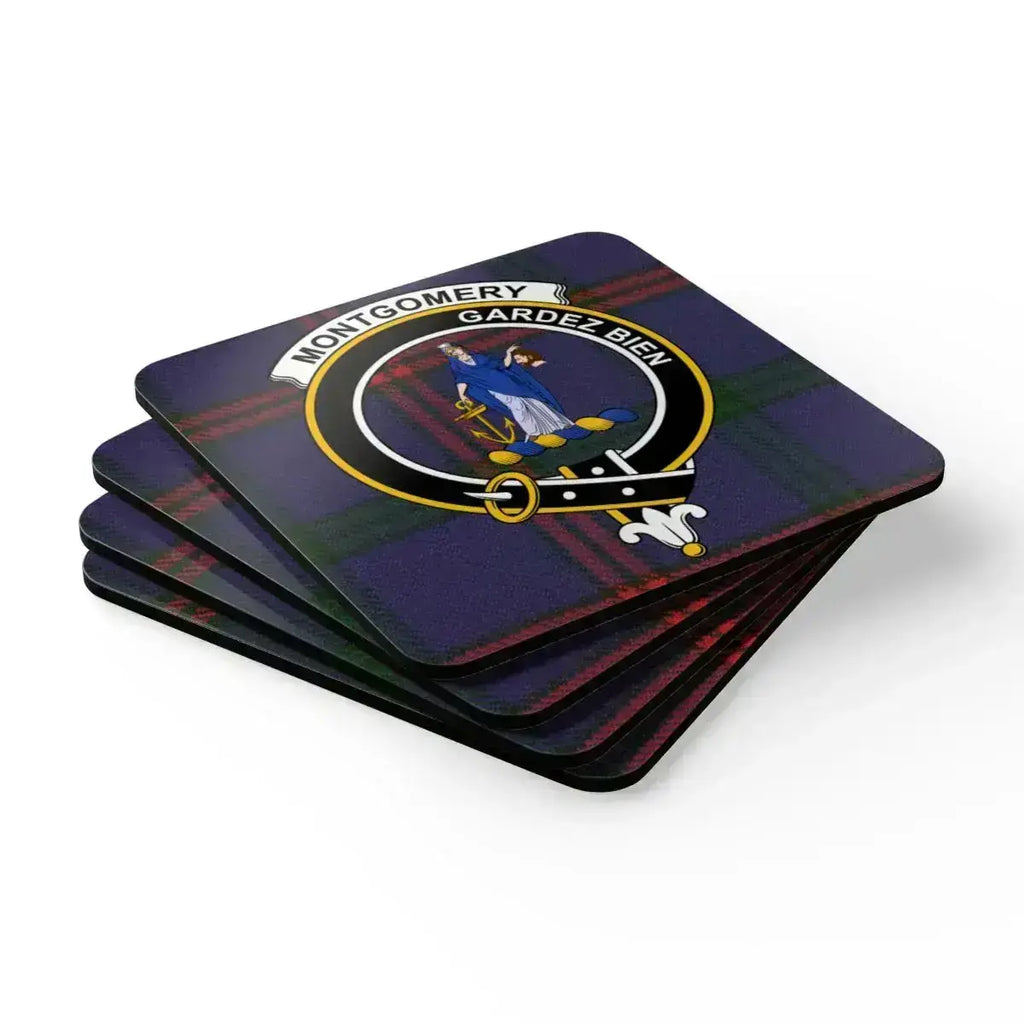 Montgomery clan crest coaster set displayed flat — full set of four showing clan tartan pattern