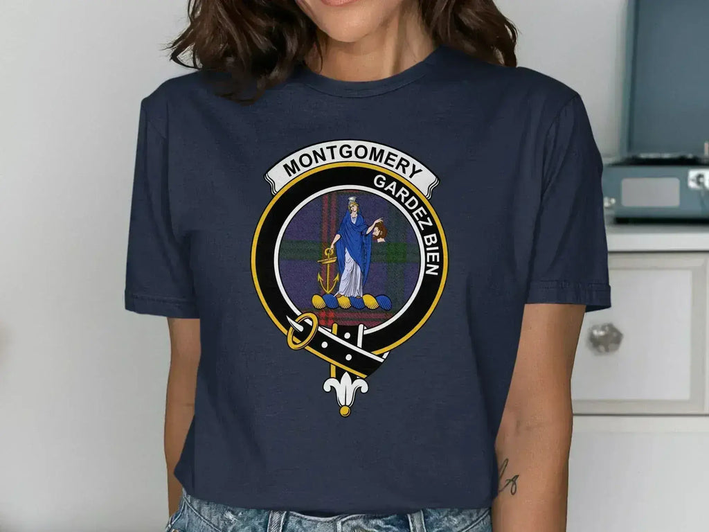 Montgomery Gardez Bien crest emblem t-shirt in black — front view showing clan tartan badge print