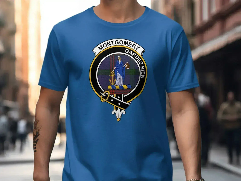 Montgomery clan crest t-shirt in royal blue — Gardez Bien tartan graphic on cotton tee