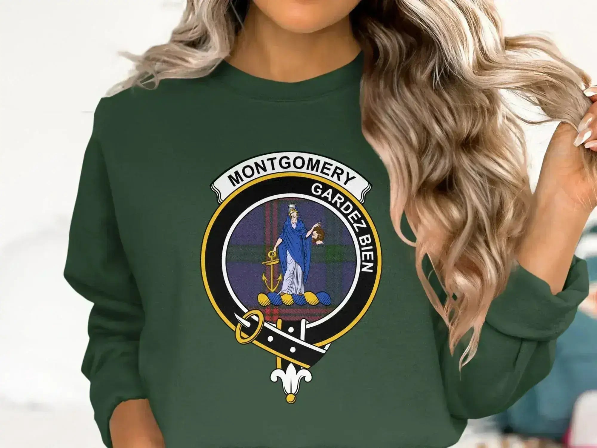 Montgomery Gardez Bien crest sweatshirt in navy — fleece crewneck with Scottish clan tartan print