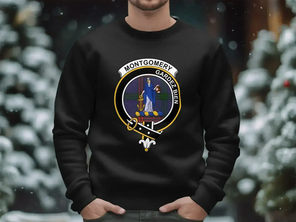 Montgomery clan crest sweatshirt in royal blue — Gardez Bien emblem on fleece crewneck