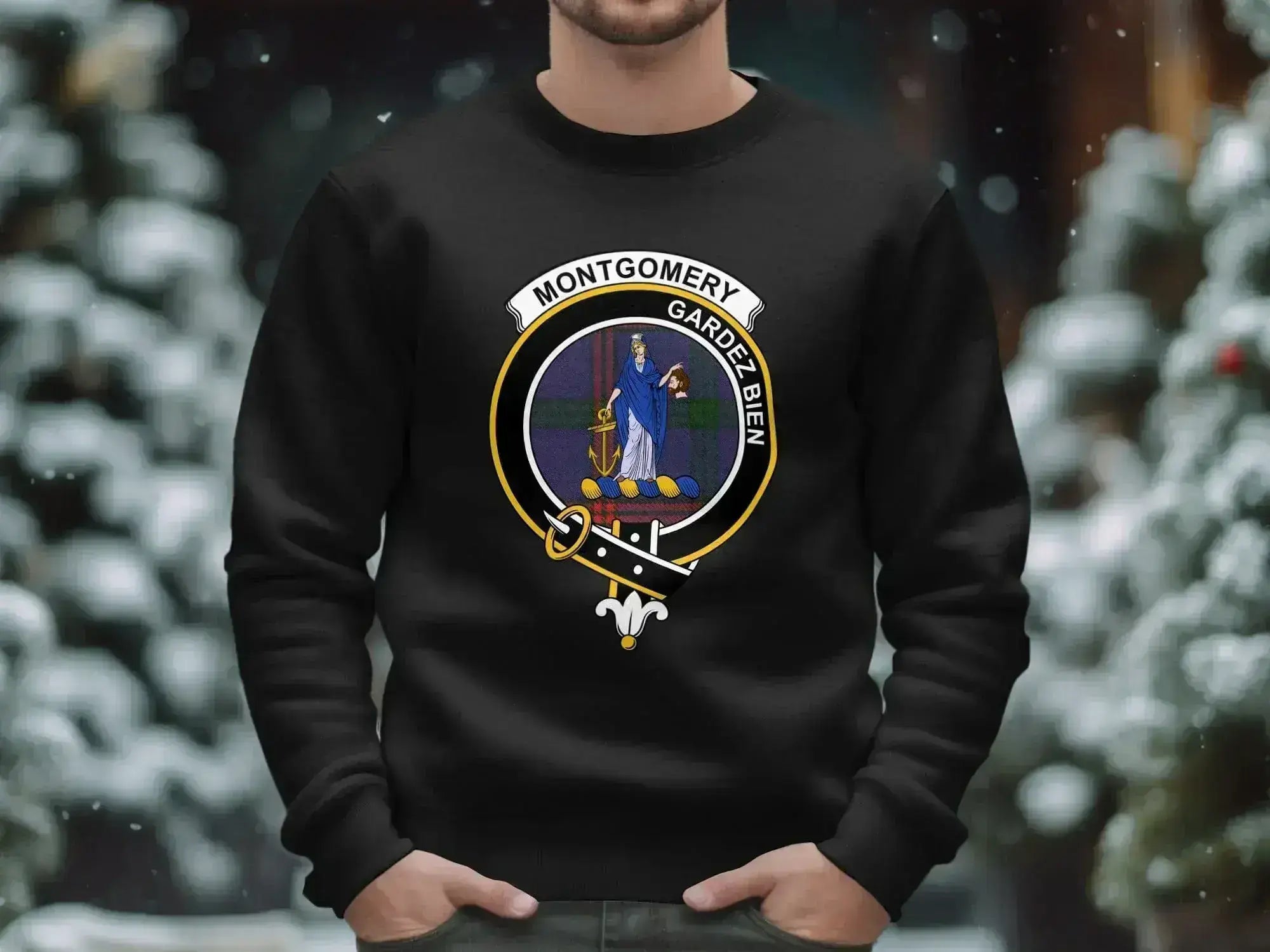 Montgomery clan crest sweatshirt in royal blue — Gardez Bien emblem on fleece crewneck
