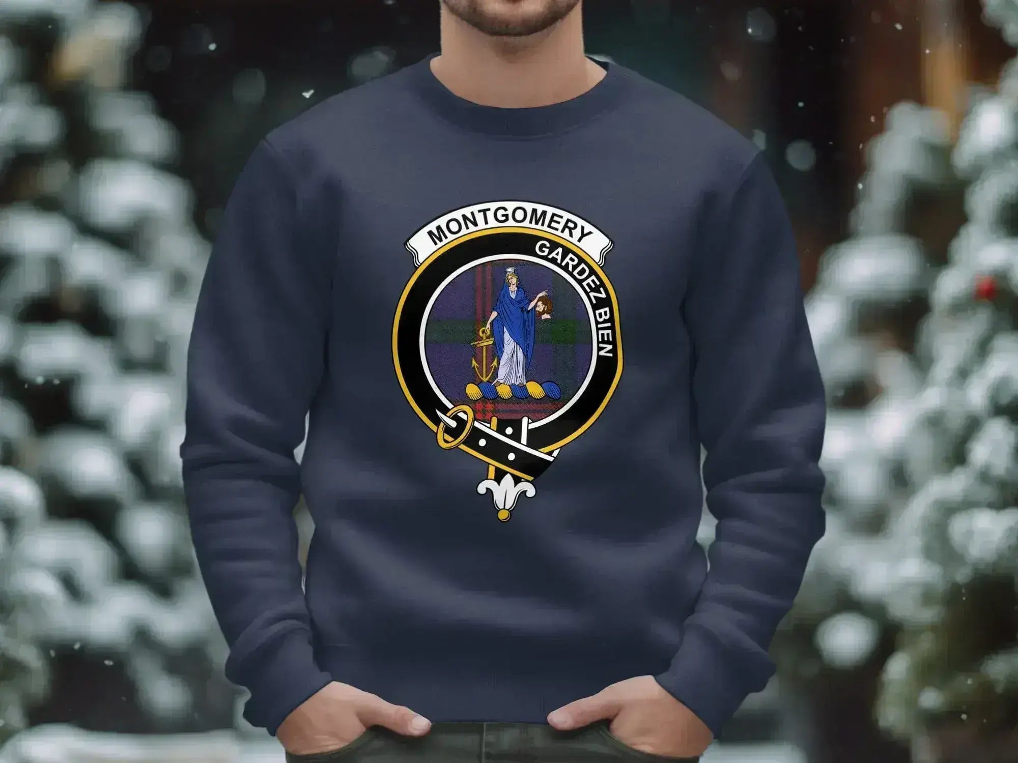 Montgomery Gardez Bien clan crest sweatshirt in forest green — Scottish tartan on fleece crewneck