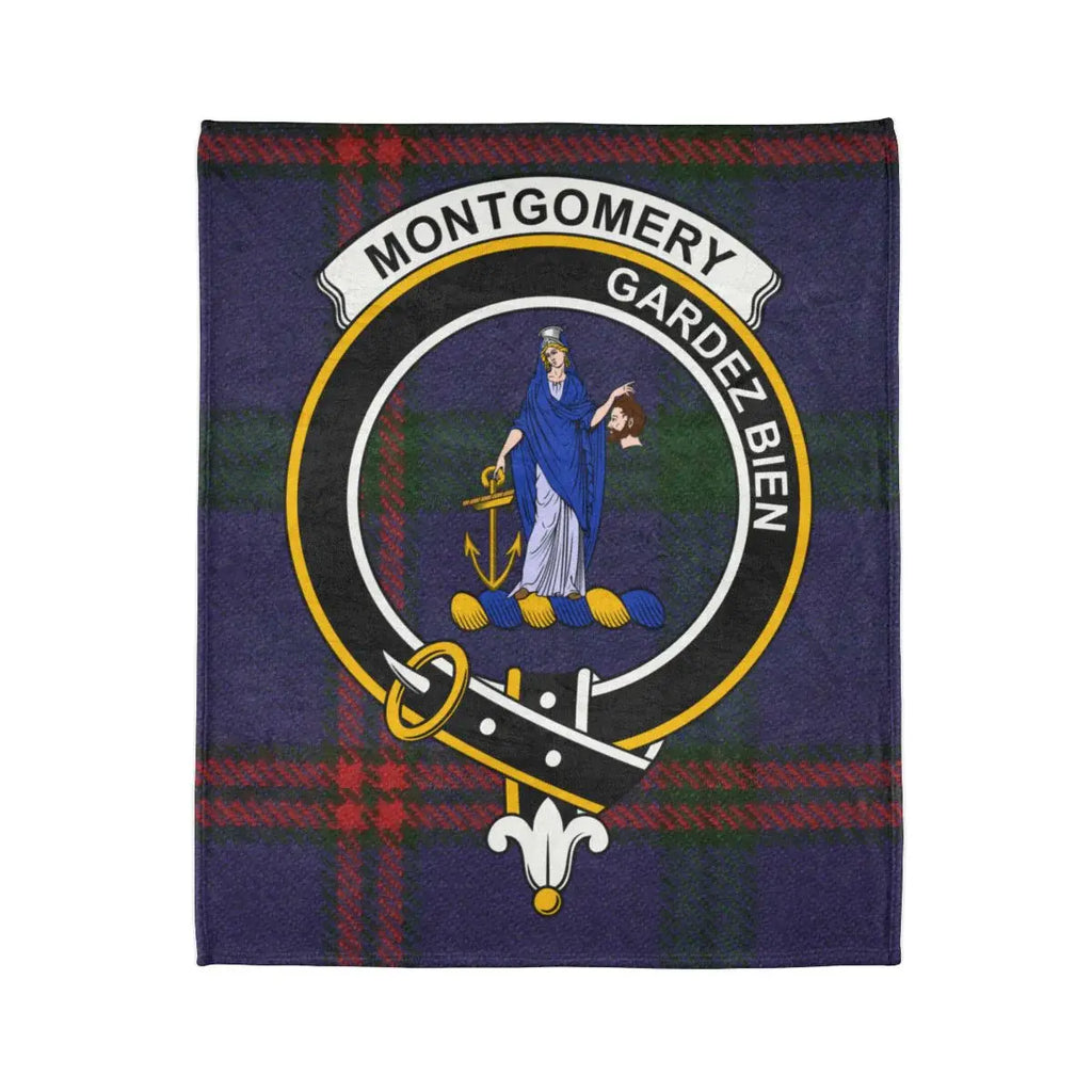 Montgomery clan crest and Gardez Bien motto detail on tartan throw blanket — printed polyester