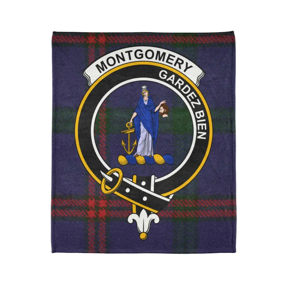 Montgomery clan crest and Gardez Bien motto detail on tartan throw blanket — printed polyester