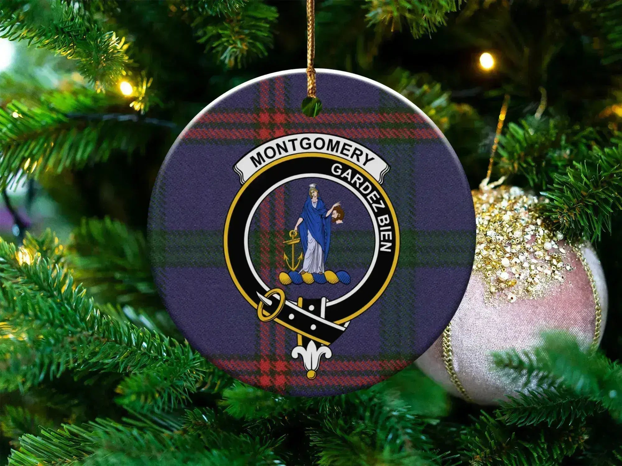 Clan Montgomery Gardez Bien tartan crest ceramic Christmas ornament — 3-inch round with gold hanging string
