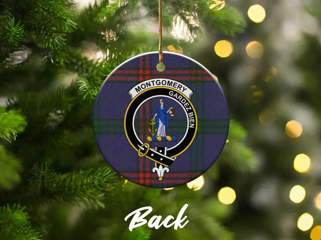 Montgomery Gardez Bien clan crest ceramic ornament on Christmas tree — 3-inch round Scottish tartan