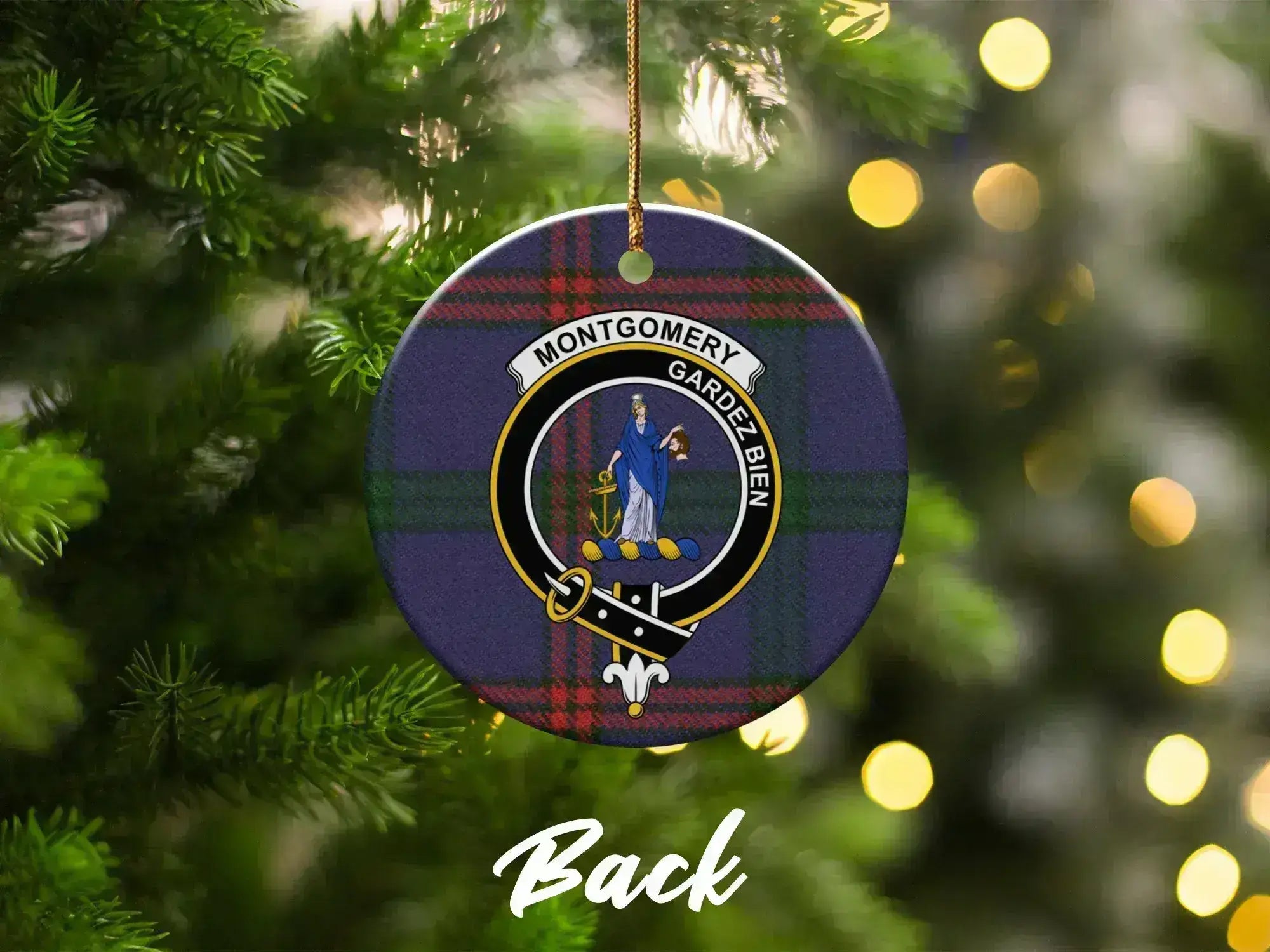 Montgomery Gardez Bien clan crest ceramic ornament on Christmas tree — 3-inch round Scottish tartan