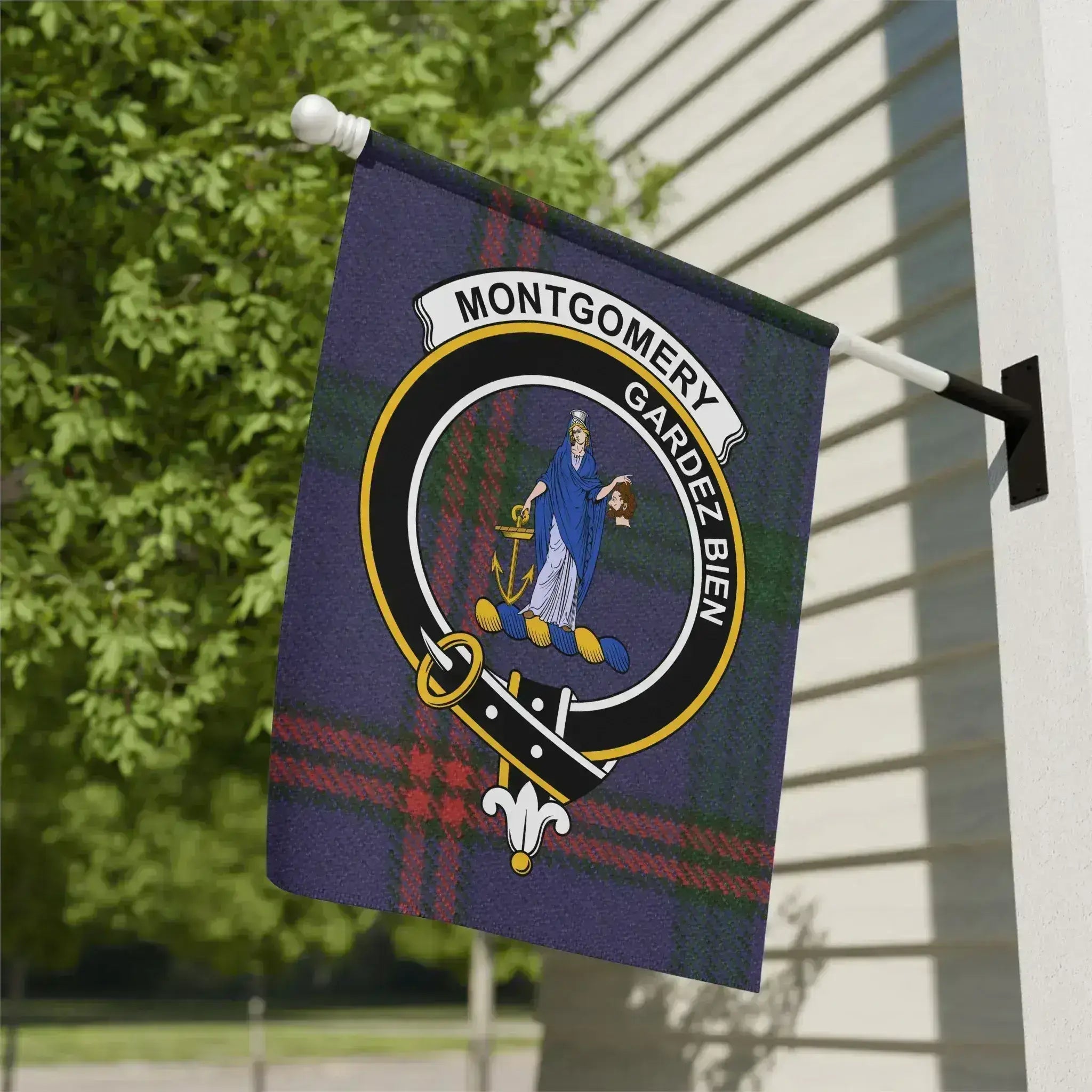 Clan Montgomery Gardez Bien tartan garden flag — 12x18 inch poly poplin-canvas with clan crest