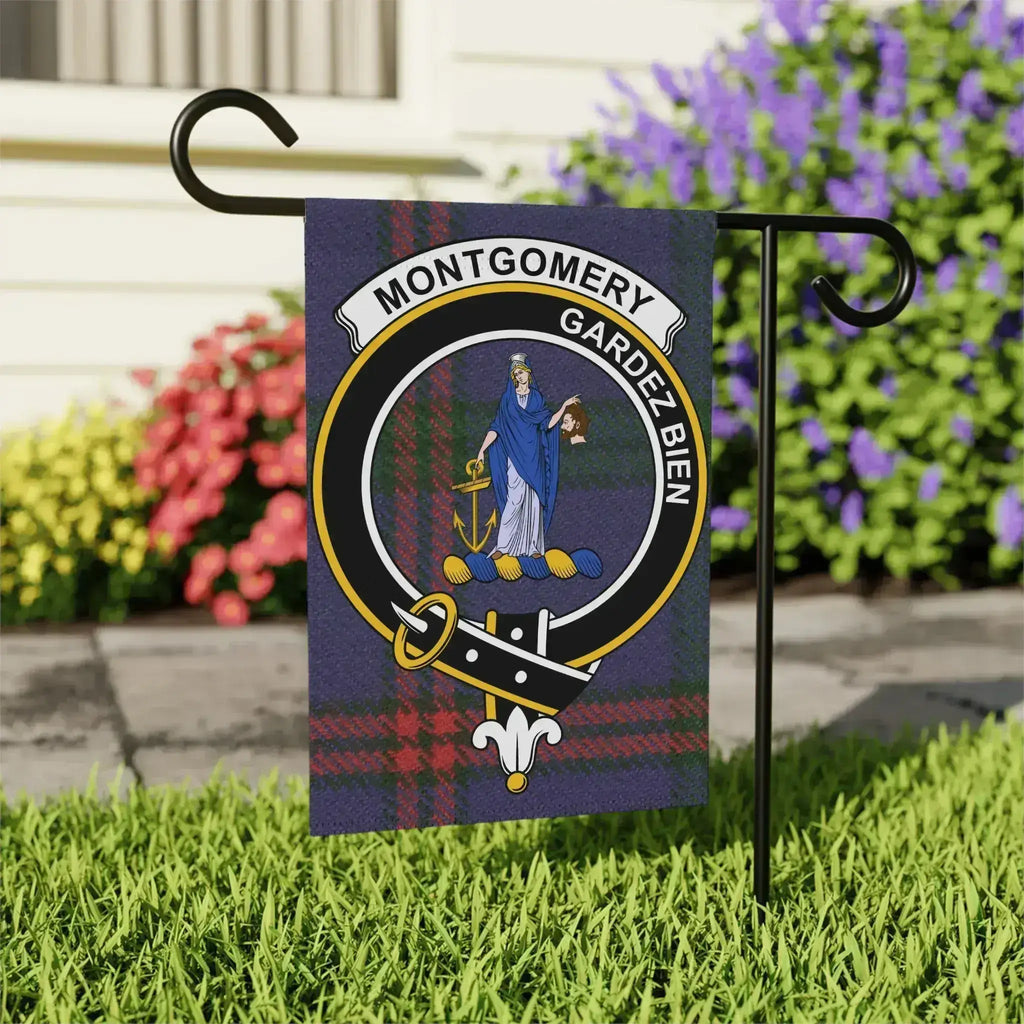 Montgomery clan crest garden flag on standard pole — 24.5x32 inch with Gardez Bien tartan design