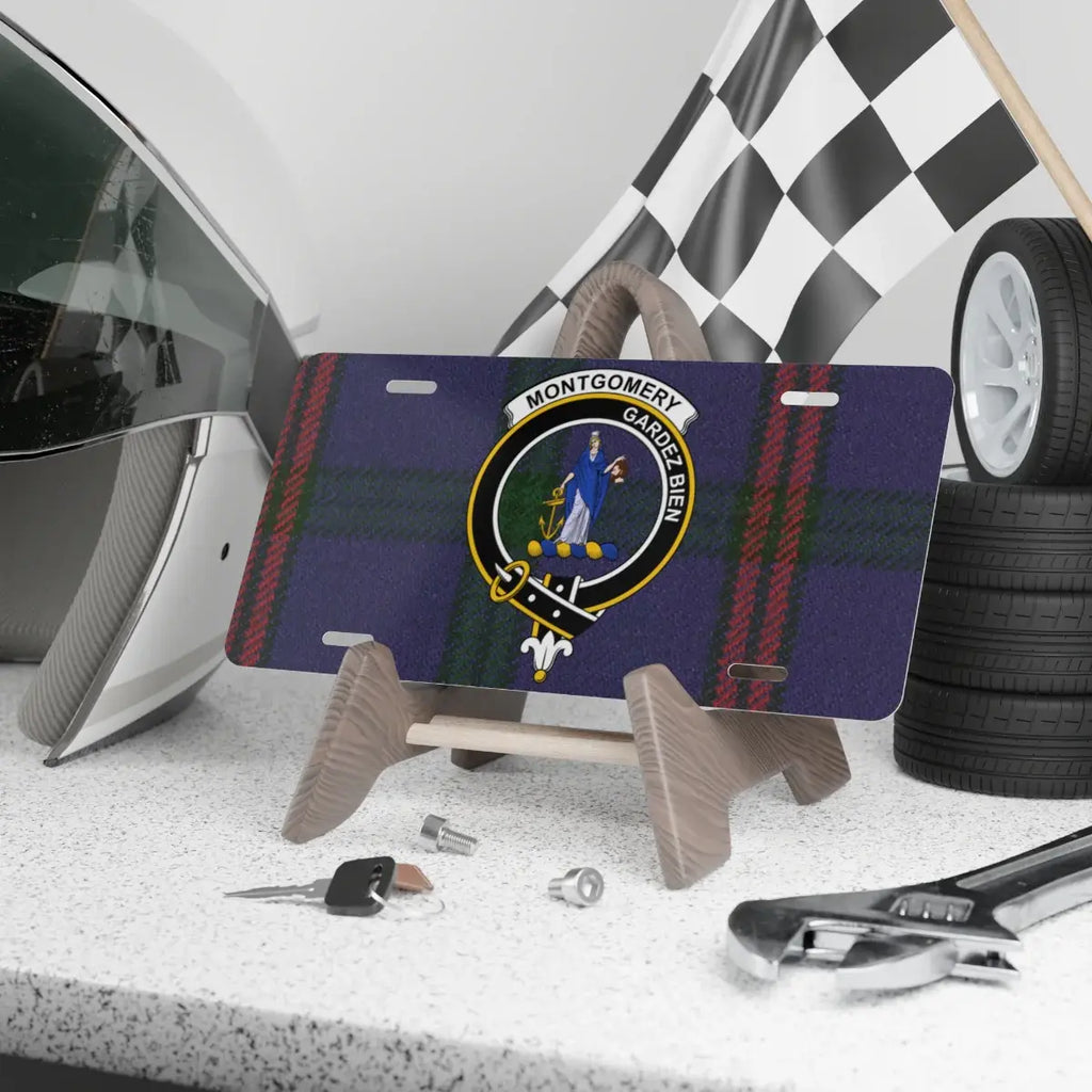 Clan Montgomery Gardez Bien tartan crest novelty license plate — 12x6 inch aluminium with printed clan design