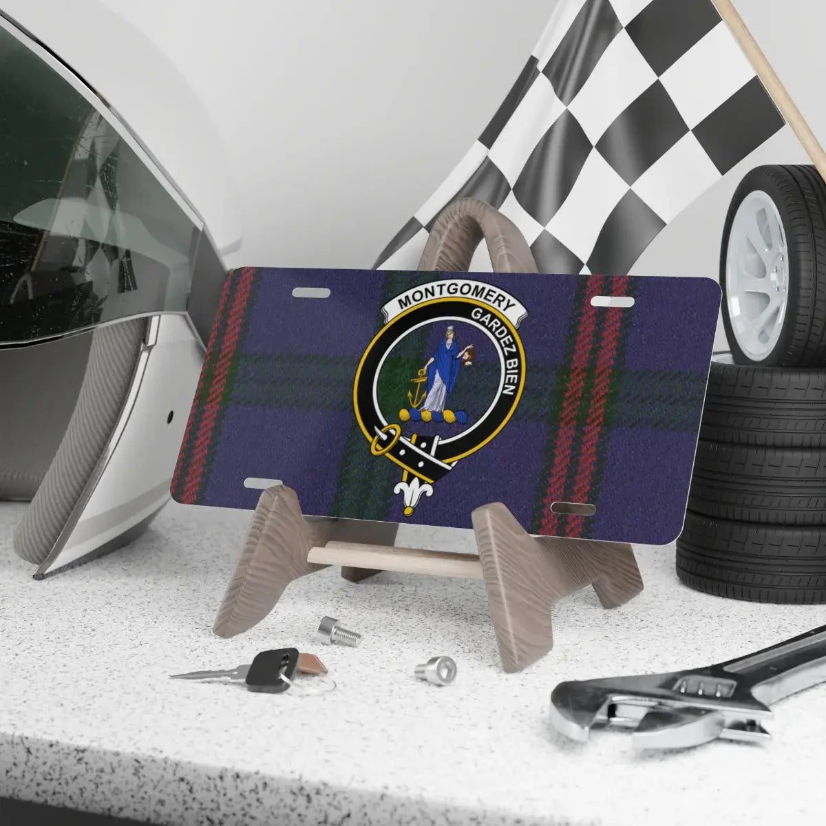 Clan Montgomery Gardez Bien tartan crest novelty license plate — 12x6 inch aluminium with printed clan design