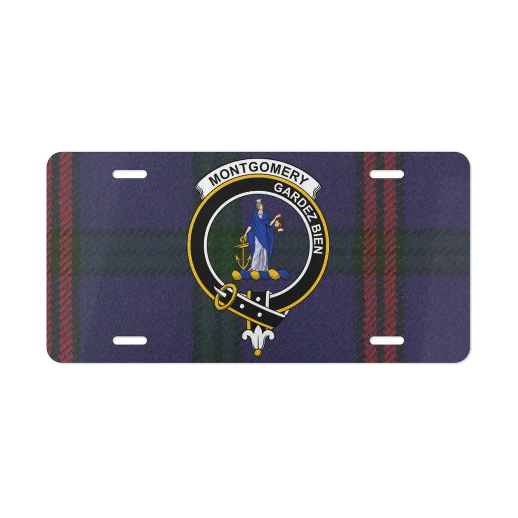 Montgomery Gardez Bien clan crest and tartan license plate front view — pre-drilled aluminium novelty plate