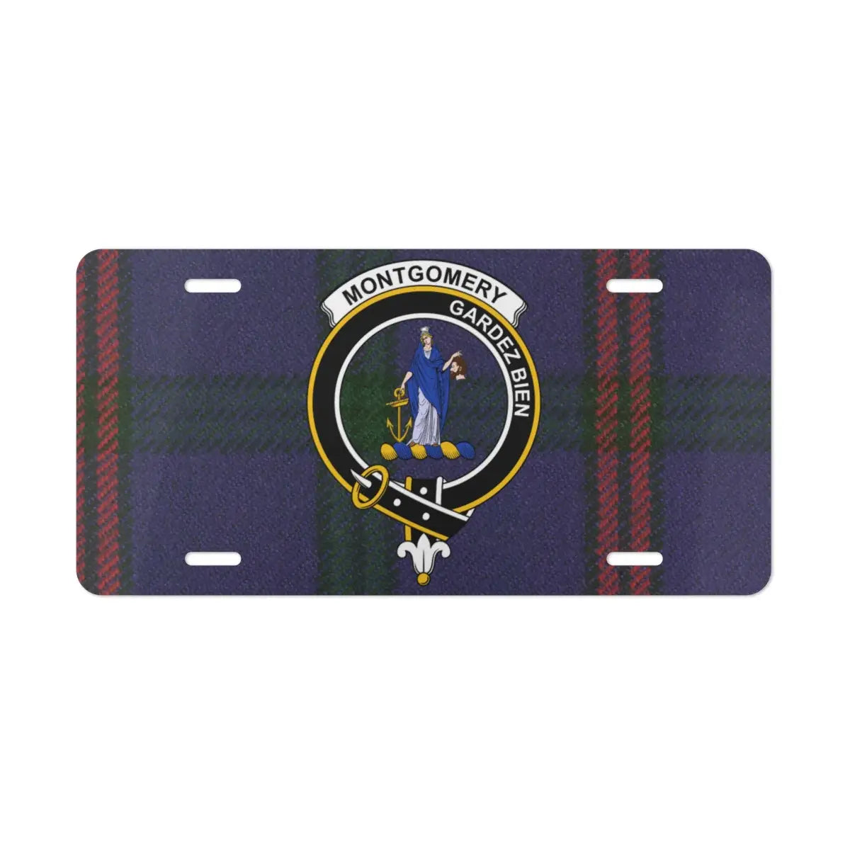 Montgomery Gardez Bien clan crest and tartan license plate front view — pre-drilled aluminium novelty plate