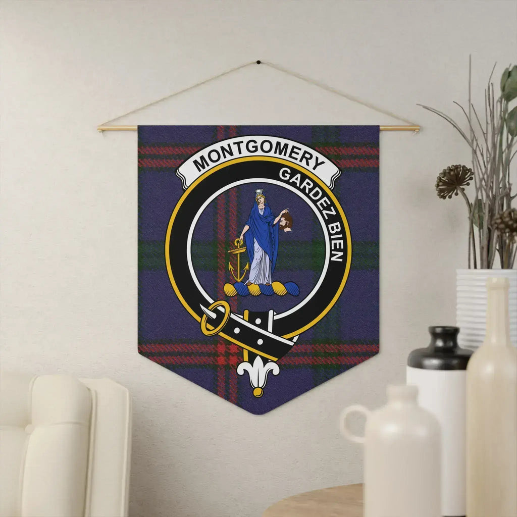Clan Montgomery Gardez Bien tartan pennant hung on wall — 18x21 inch polyester twill with wooden dowel