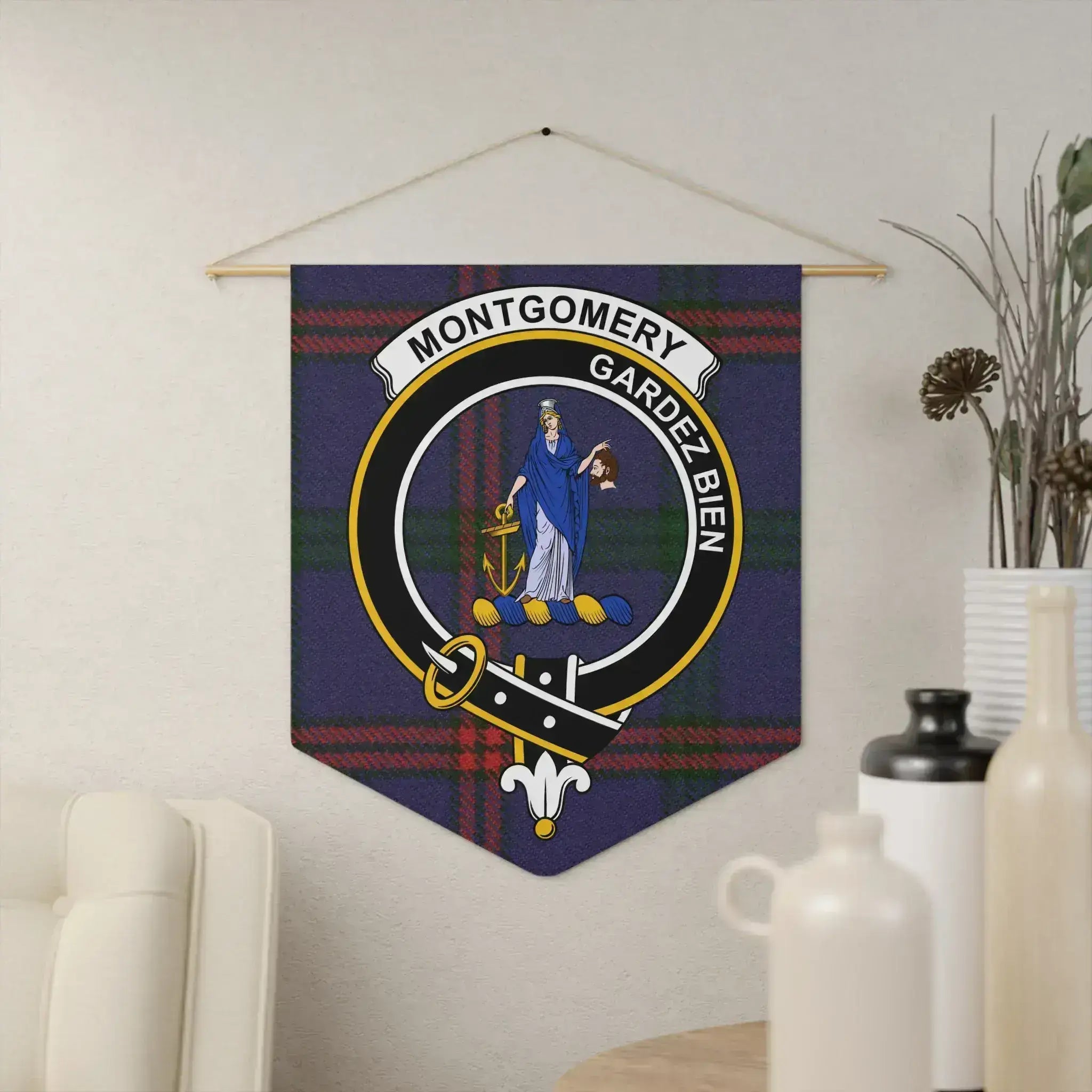 Clan Montgomery Gardez Bien tartan pennant hung on wall — 18x21 inch polyester twill with wooden dowel