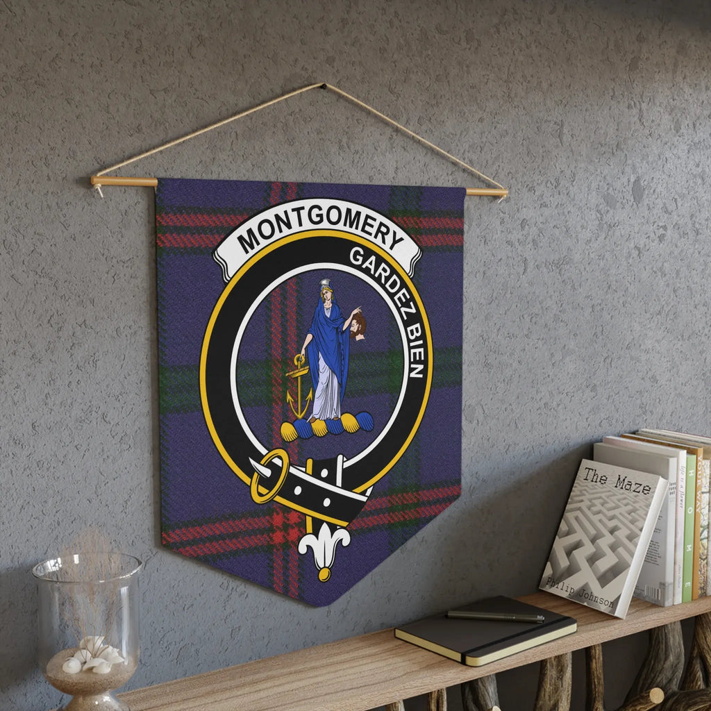 Montgomery clan crest tartan pennant showing Gardez Bien motto — laser-cut edge and clan colours