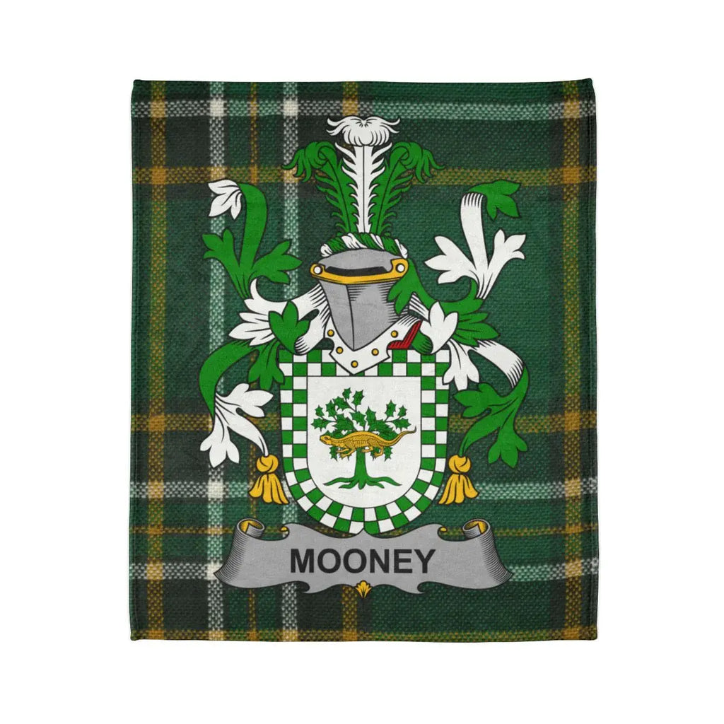 Personalized Mooney Family Crest on Green Plaid Blanket