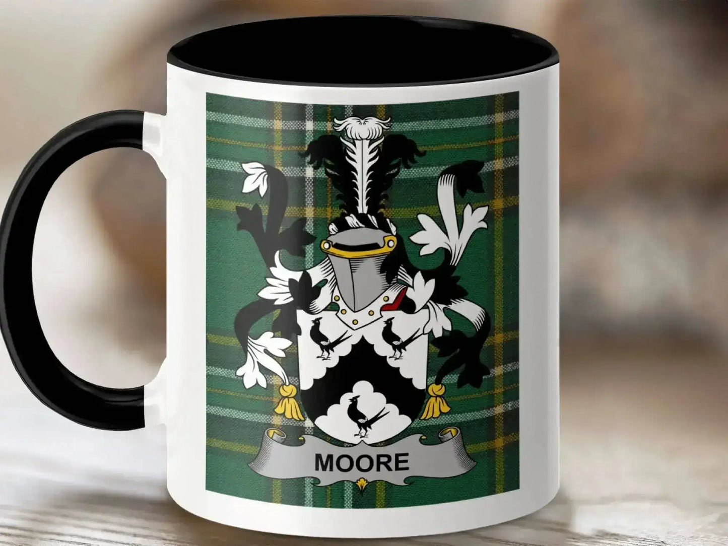 Moore Surname Family Crest Irish Tartan Mug - Celtic Ancestry Gifts